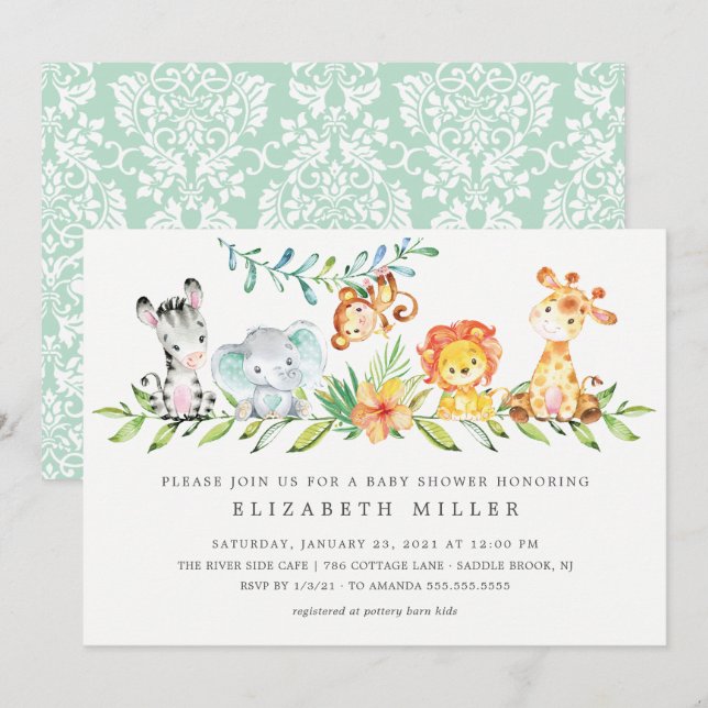 Sweet Jungle Animals Neutral Baby Shower Einladung (Vorne/Hinten)