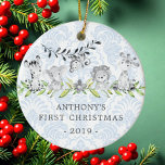 Sweet Jungle Foto Baby's First Christmas Ornament<br><div class="desc">Niedliches Baby's erste Weihnachtsschmuck die süßesten kleinen Dschungeltiere Set auf einem blauen Damast Hintergrund.</div>