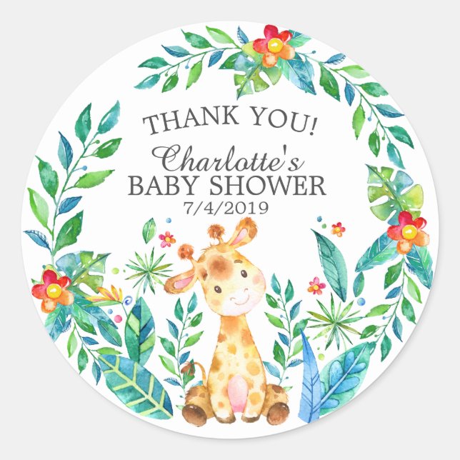 Sweet Jungle Giraffe Babydusche Vielen Dank für Ih Runder Aufkleber (Vorderseite)