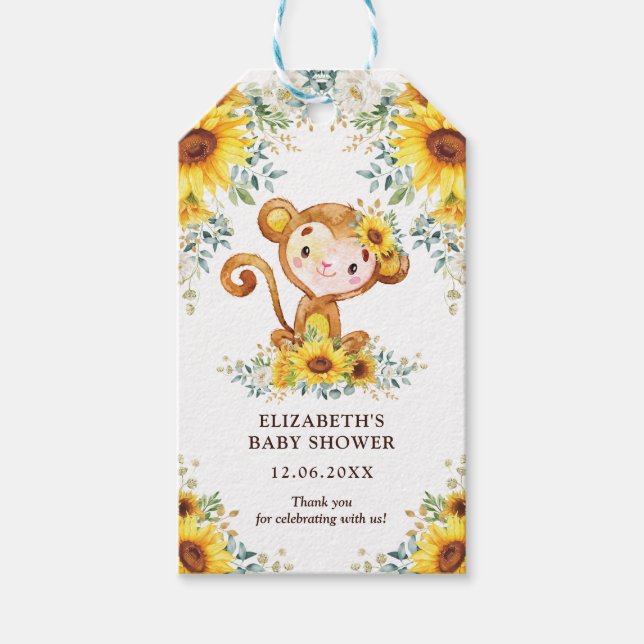 Sweet Jungle Monkey Sunflowers Baby Dusche Gefalle Geschenkanhänger (Vorderseite)