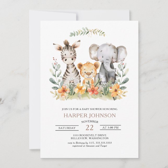 Sweet Jungle Safari Animal Baby Dusche Einladung (Vorderseite)