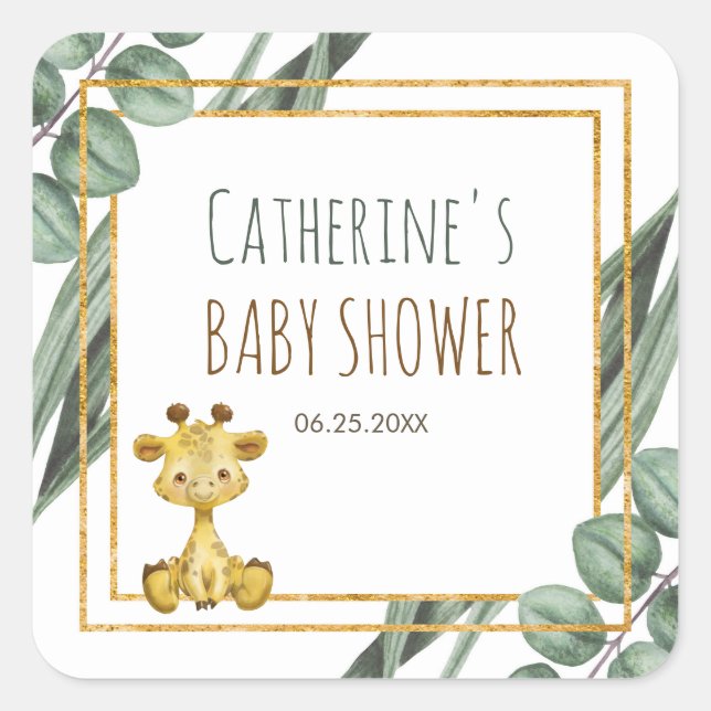 Sweet Jungle Safari Giraffe Botanical Baby Dusche Quadratischer Aufkleber (Vorderseite)