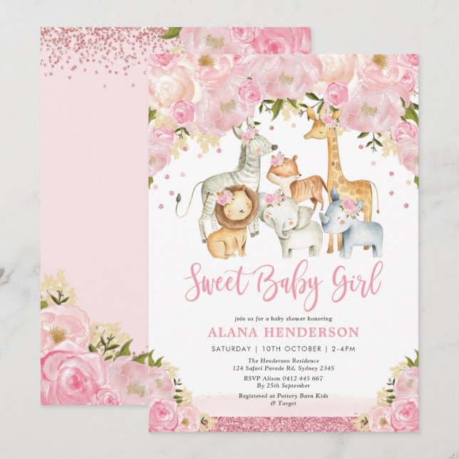 Sweet Jungle Safari Wild Animals Girl Baby Dusche Einladung (Vorne/Hinten)