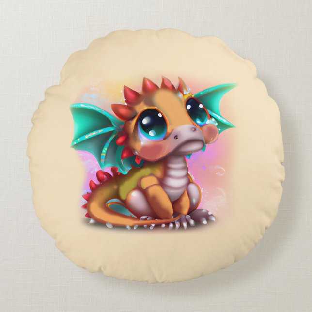 Sweet Kawaii Baby Dragon Rundes Kissen (Vorderseite)