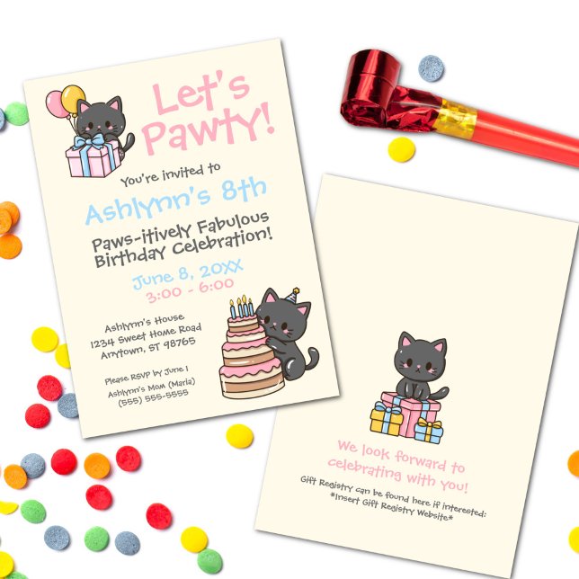 Sweet Kawaii Black Cat Birthday Party Einladung (Kawaii Black Cat Birthday Party Invitation - Front and Back)