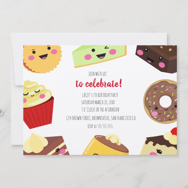 Sweet Kawaii Desserts Einladung für Kinder (Vorderseite)