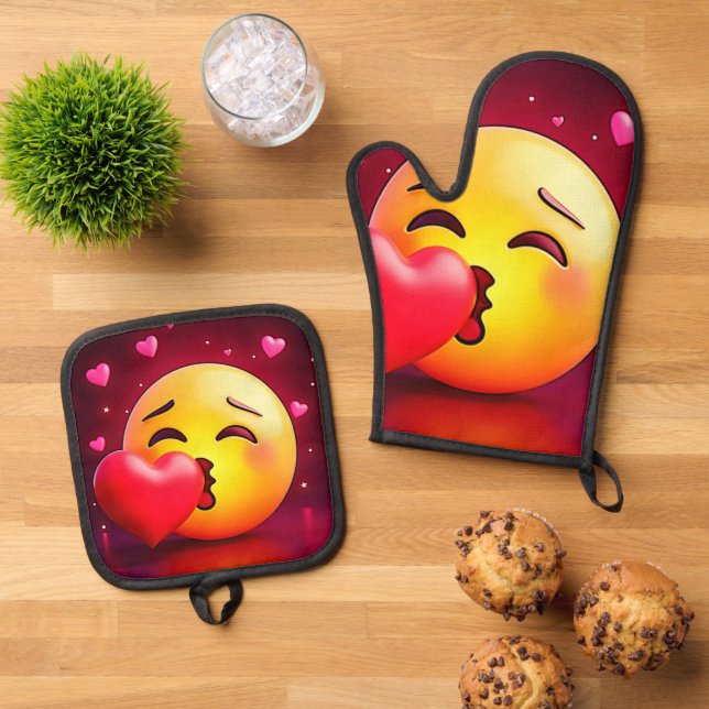 Sweet Kiss Heart Emoji Ofenhandschuh & Topflappen-Set (Oben Unten)