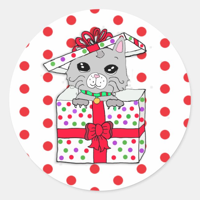 Sweet Kitten in Christmas Geschenkboxen mit Polka  Runder Aufkleber (Vorderseite)