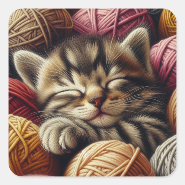 Sweet Kitten Schlafen im Garn Adorable Quadratischer Aufkleber (Vorderseite)