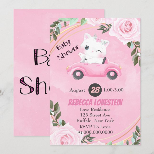 Sweet Kitten Vintag Pink Car Girl Babydusche (Vorne/Hinten)