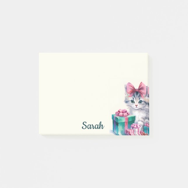 Sweet Kitty Cat Big Pink Bow Name hinzufügen Post-it Klebezettel (Vorderseite)