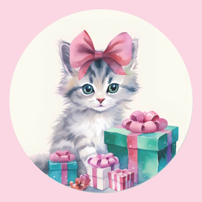 Sweet Kitty Cat Big Pink Bow Runder Aufkleber (Von Creator hochgeladen)