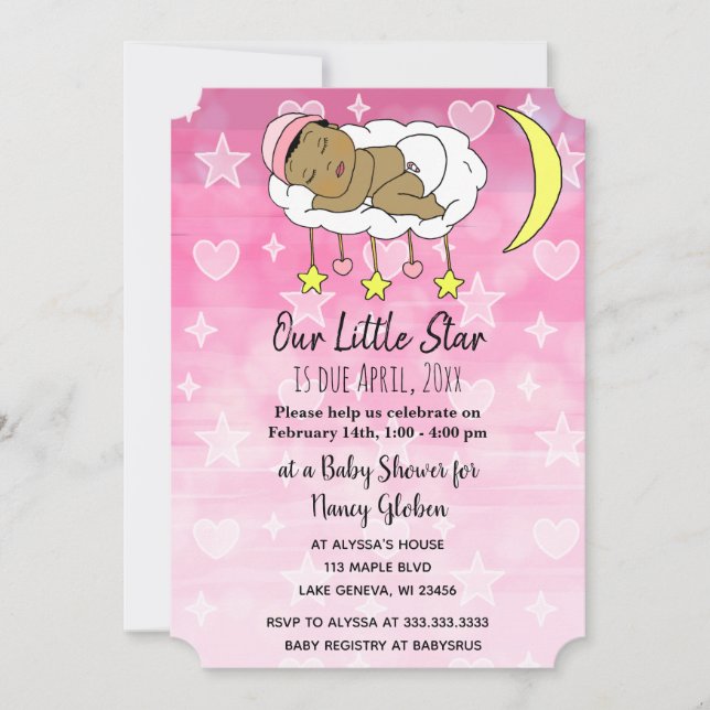 Sweet kleine Baby rosa Sterne und Mond Mädchen Inv Einladung (Vorderseite)