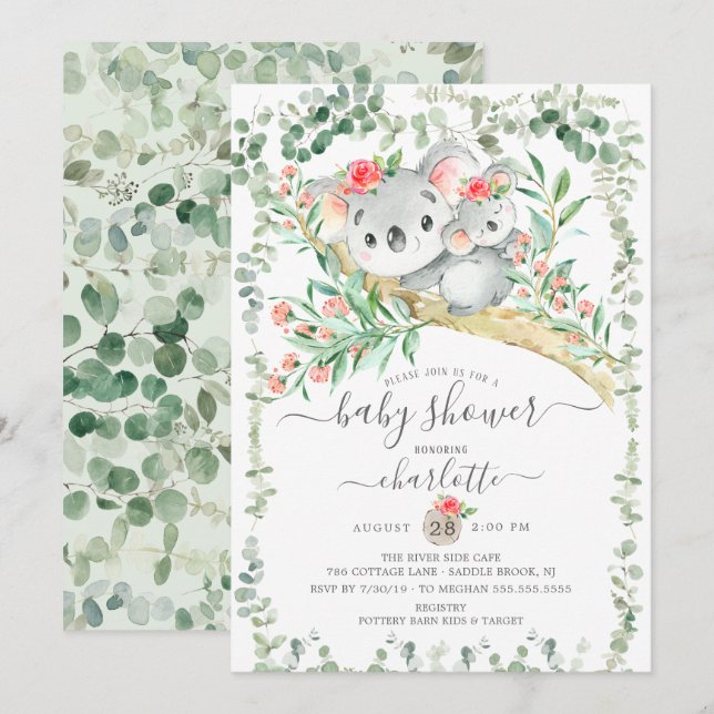 Sweet Koala Bear Girls Kinderdusche Einladung (Vorne/Hinten)