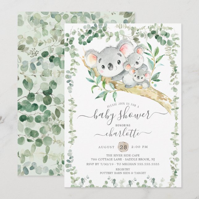 Sweet Koala Bears Twins Baby Dusche Einladung (Vorne/Hinten)