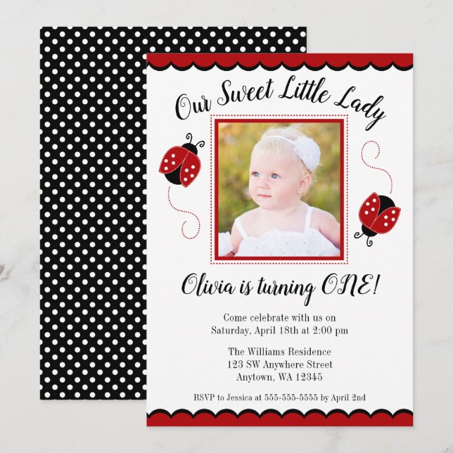 Sweet Ladybug Red Black Photo Invitations Annivers (Devant / Derrière)