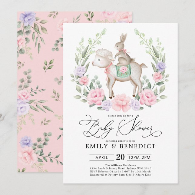 Sweet Lamb & Bunny Rabbit Soft Floral Baby Dusche Einladung (Vorne/Hinten)