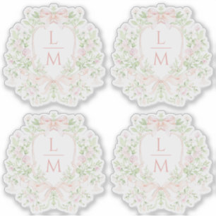 Sweet Leaf Wappen mit rosa Bogen   Monogramm-Hochz Aufkleber