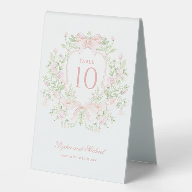 Sweet-Leaf-Wappen mit rosa Bogen | Tischnummer Tischaufsteller (Vorderseite)