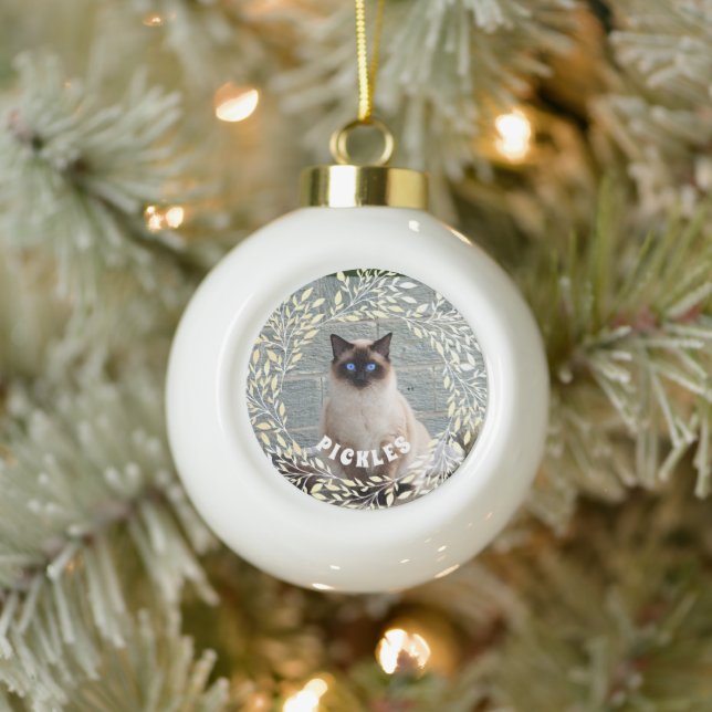 Sweet Leafy Botanical Wreath Pet Cat Holiday Keramik Kugel-Ornament (Baum)