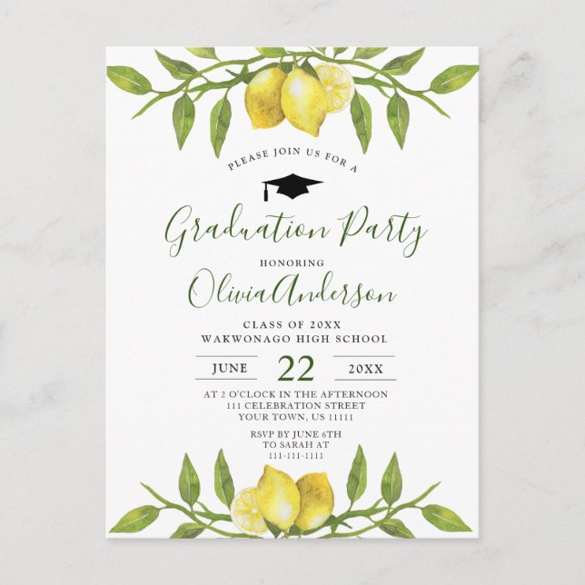 Sweet Lemons Green Graduation Party Invitation (Devant)