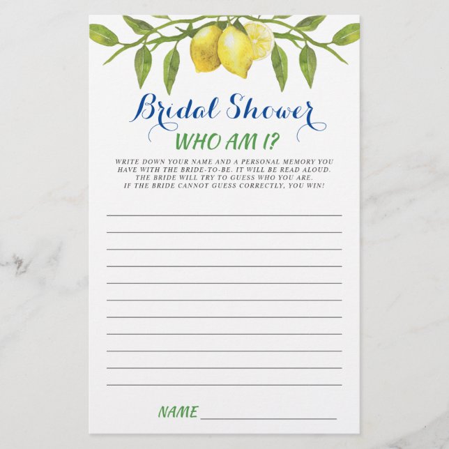 Sweet Lemons & Greenery Chic Brautparty Game (Vorderseite)