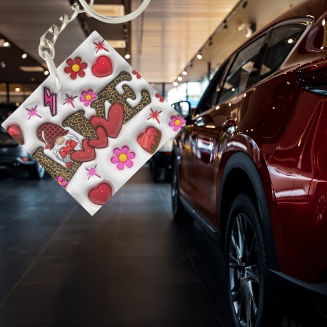 "Sweet Liebe" Acrylischer Schlüsselanhänger (Sweet Love Keychain
A whimsical gnome, ensconced in a heart and surrounded by vibrant leopard print.)