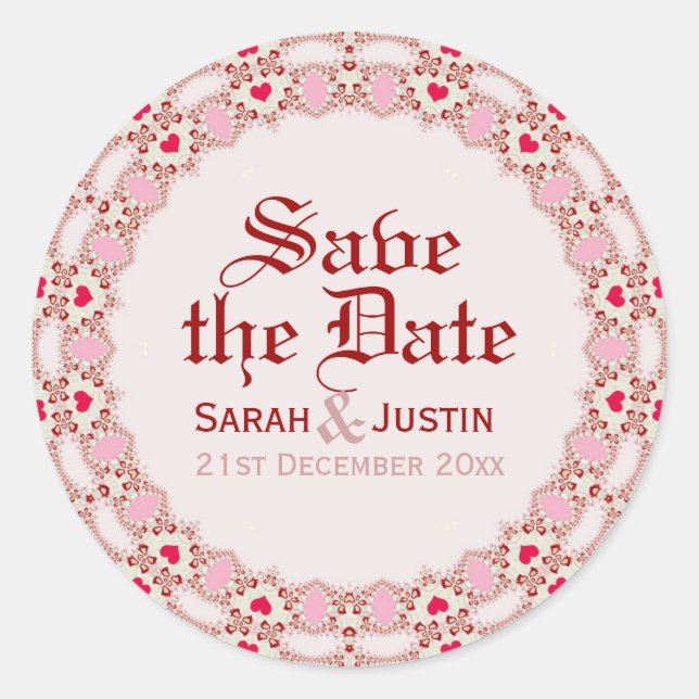 Sweet Liebe Hearts Lace Save the Date rund Sticker (Vorderseite)