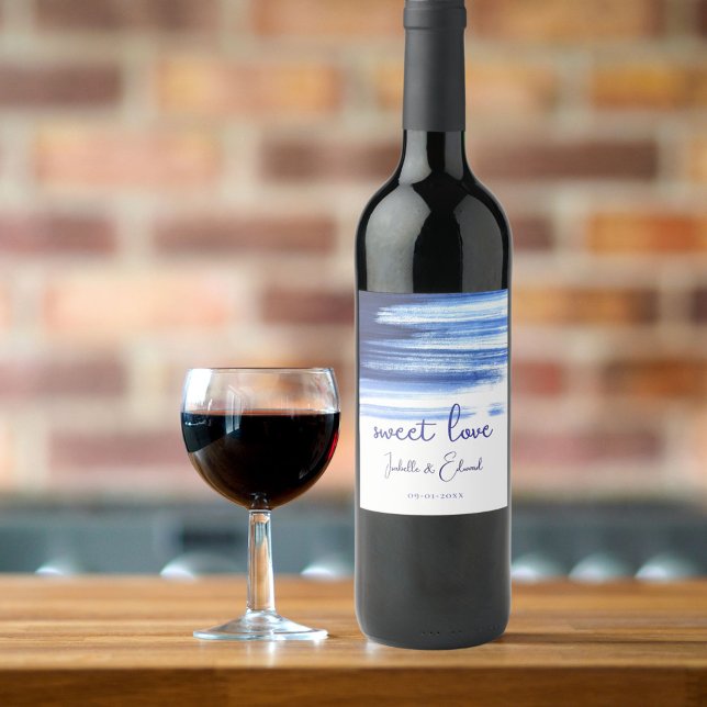 Sweet Liebe Navy Blue Watercolor Hochzeit Weinetikett (Von Creator hochgeladen)