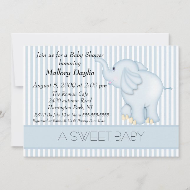 Sweet Light Blue Elephant Boy Baby Dusche Einladung (Vorderseite)
