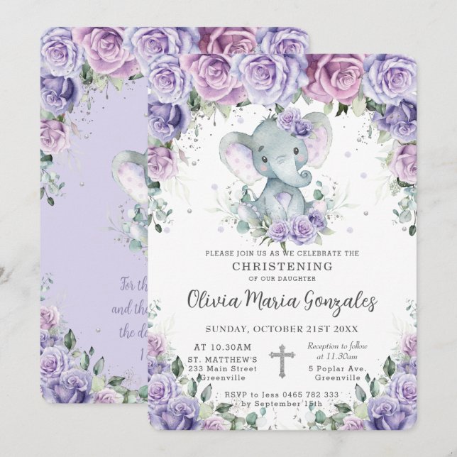 Sweet Lila Blütenlephant Christening Taufe Einladung (Vorne/Hinten)