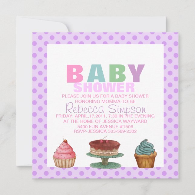 Sweet Lila Polka Dot Baby Dusche Einladung (Vorderseite)