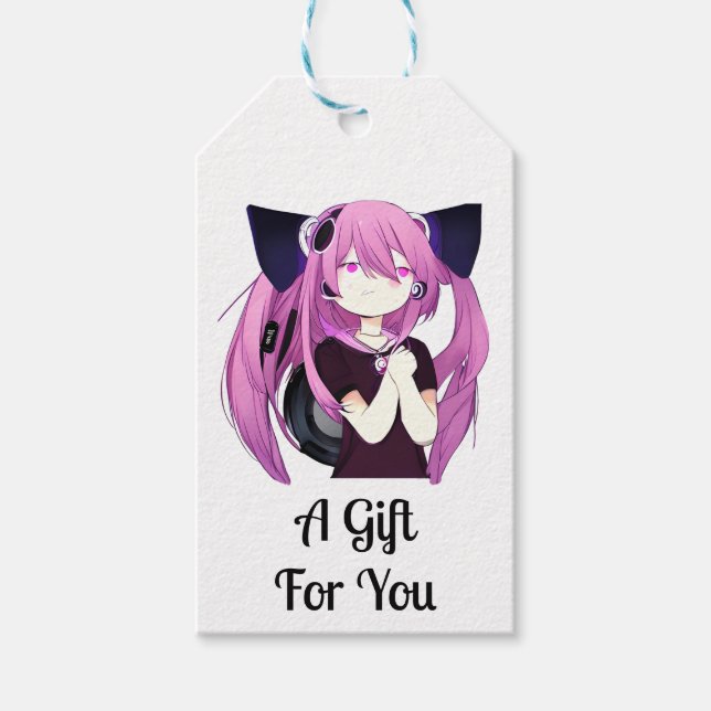 Sweet Lila und Black Anime Girl mit Katzenohren Geschenkanhänger (Vorderseite)
