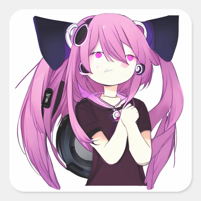 Sweet Lila und Black Anime Girl mit Katzenohren Quadratischer Aufkleber (Vorderseite)