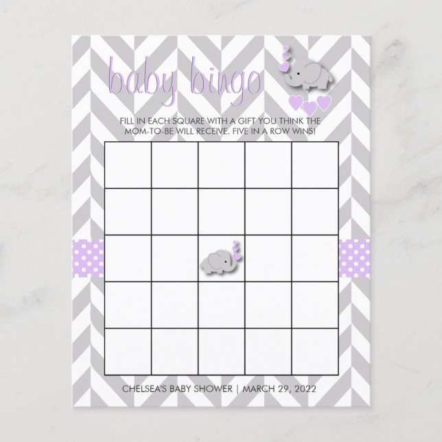 Sweet Lila und Gray Elephant Baby Shower Bingo Flyer (Vorne)