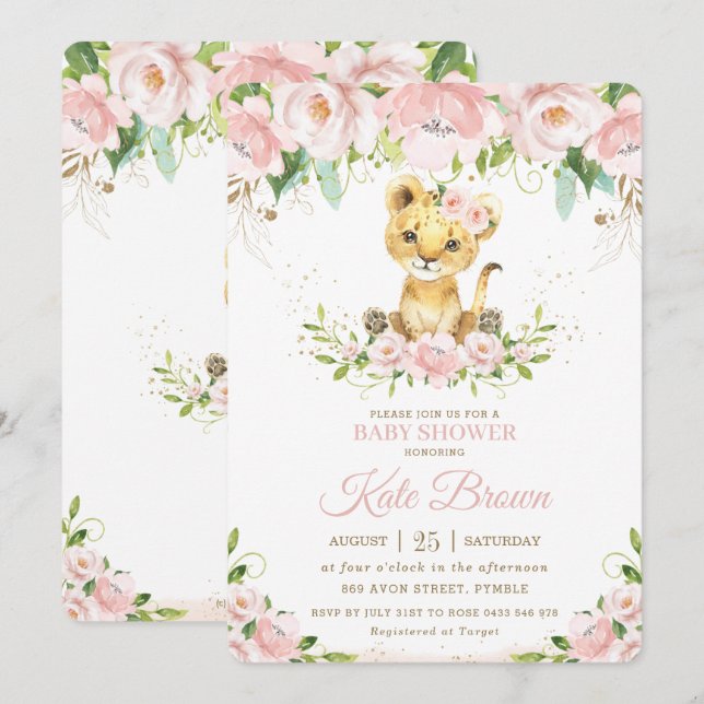Sweet Lion Cub Blush Pink Floral Girl Babydusche Einladung (Vorne/Hinten)