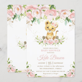 Sweet Lion Cub Blush Pink Floral Girl Babydusche Einladung