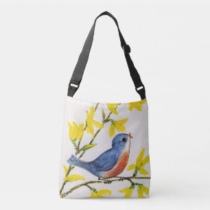 Sweet Little Blue Red Bird auf Brangelber Blume Tragetaschen Mit Langen Trägern