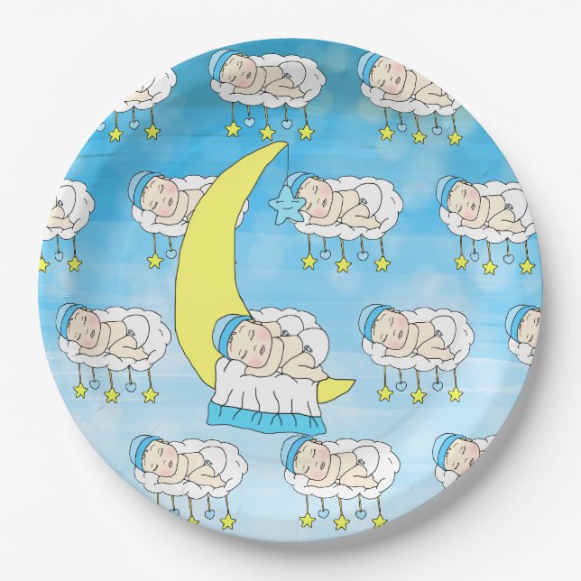 Sweet Little Caucasian Baby Sleeping on Moon Pappteller (Vorderseite)