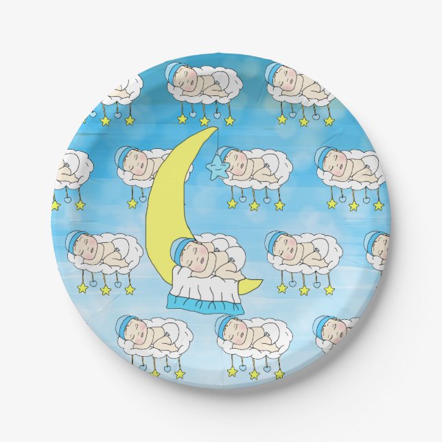 Sweet Little Caucasian Baby Sleeping on Moon Pappteller (Vorderseite)
