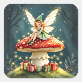 Sweet Little Christmas Fairy on Mushroom Quadratischer Aufkleber