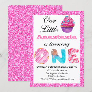 Sweet Little Cupcake Pink Glitzer 1. Geburtstag 1 Einladung