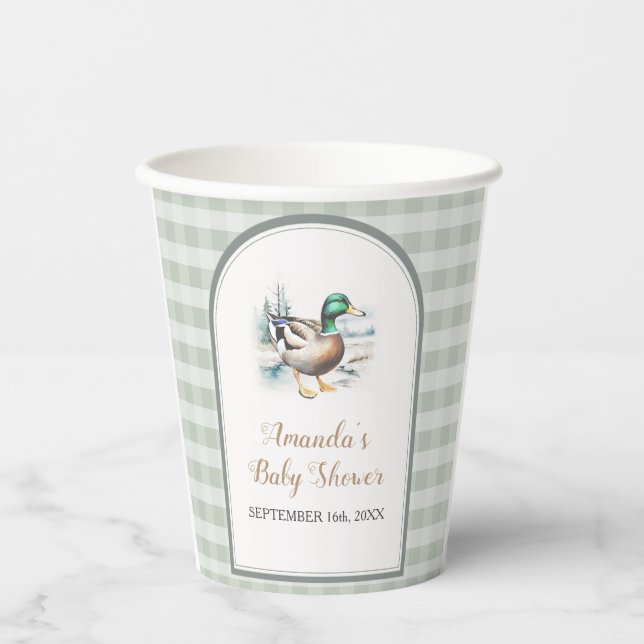 Sweet Little Duckling Mallard Gingham Baby Shower Pappbecher (Vorderseite)