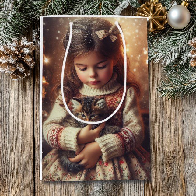 Sweet Little Girl and Kitten Christmas Mittlere Geschenktüte (Von Creator hochgeladen)