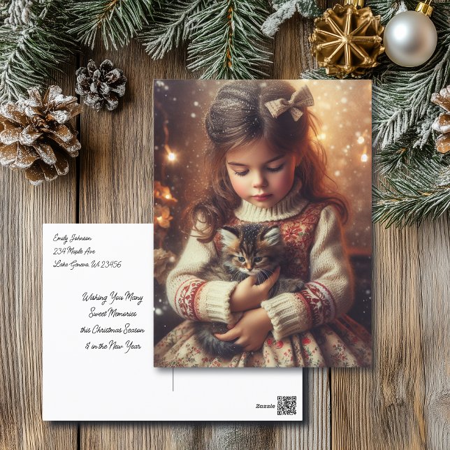 Sweet Little Girl and Kitten Christmas Postkarte (Von Creator hochgeladen)