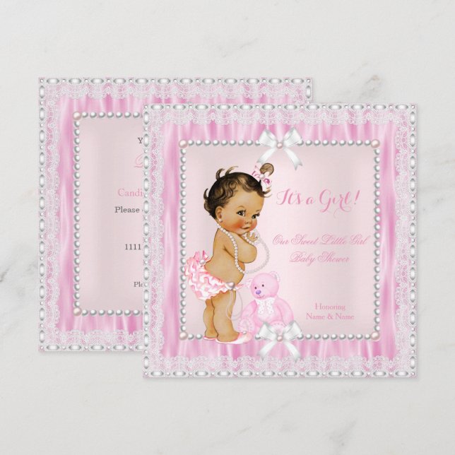Sweet Little Girl Baby Shower Pearls Lace Brünett Einladung (Vorne/Hinten)