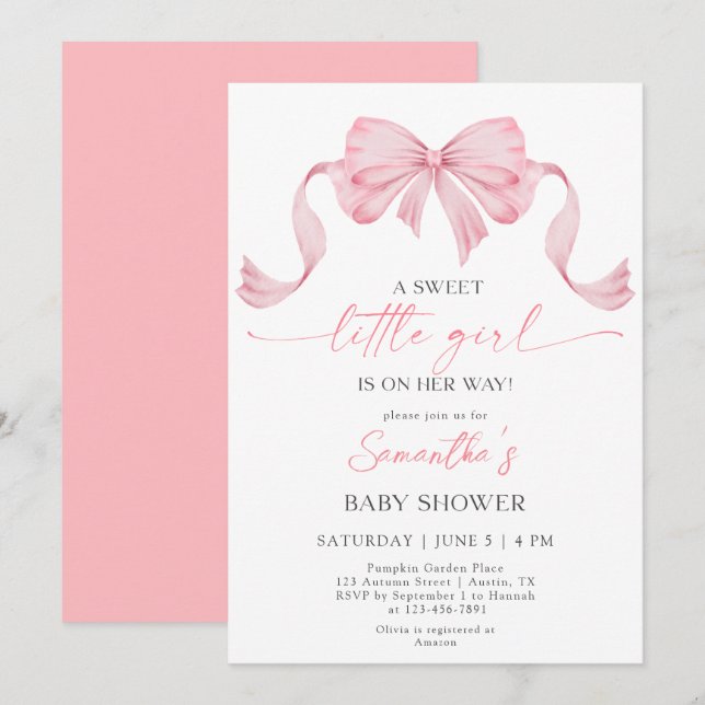 Sweet Little Girl Coquette Bow Border Baby Dusche Einladung (Vorne/Hinten)