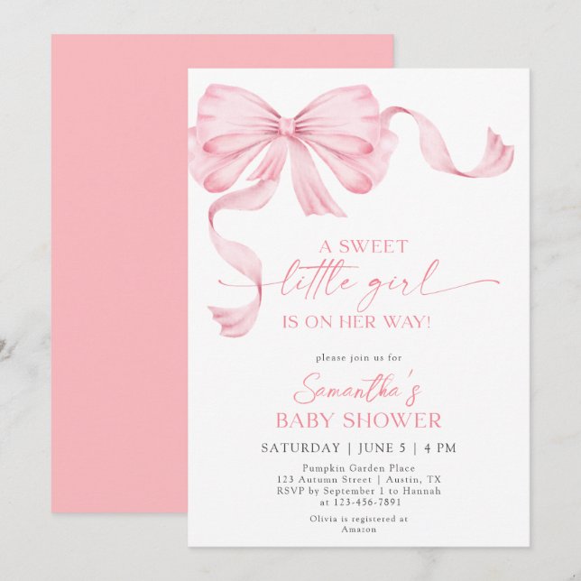 Sweet Little Girl Coquette Bow Ribbon Babydusche Einladung (Vorne/Hinten)
