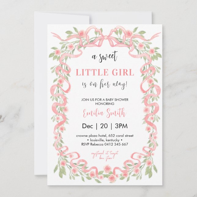 Sweet Little Girl Floral Ribbon Babydusche Einladung (Vorderseite)