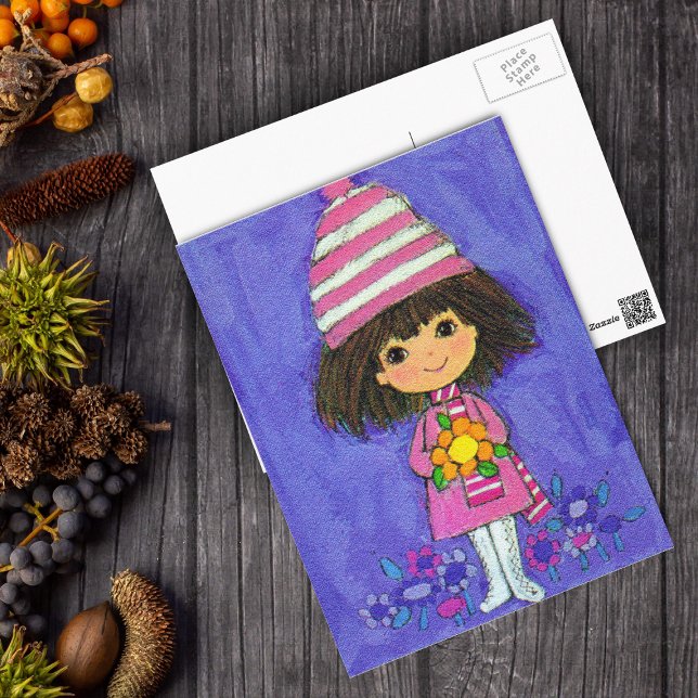 Sweet Little Girl mit Daisy Postcard Postkarte (Cute little vintage girl in pink white boots with flowers on purple postcard.)